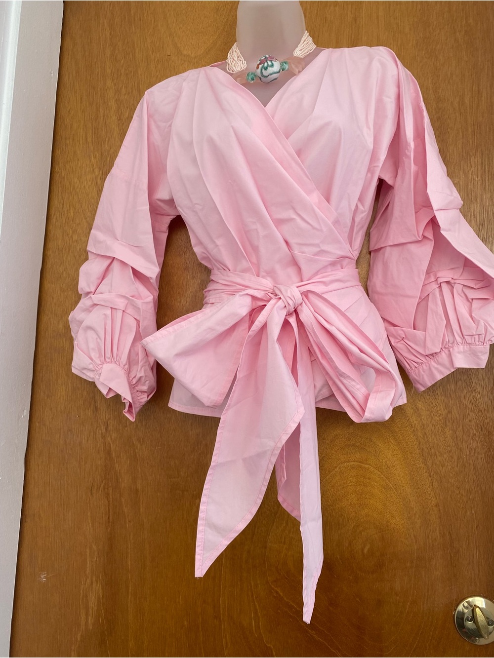 Women's Pink Wrap Tie-Belt Blouse with Balloon Sleeves